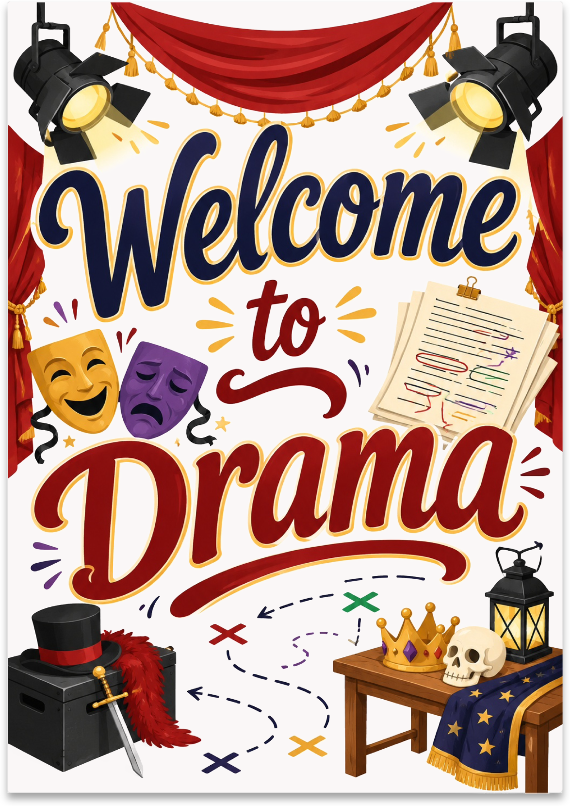 Welcome to Drama poster with red theater curtains, stage lights, comedy and tragedy masks and illustrated props
