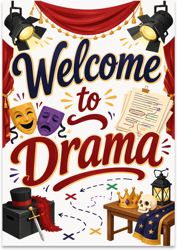 Welcome to Drama poster with red theater curtains, stage lights, comedy and tragedy masks and illustrated props