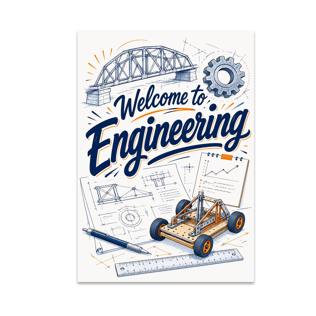 Welcome to Engineering poster with bridge, gear, design drawings, ruler, and vehicle prototype artwork
