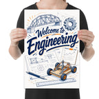 Welcome to Engineering poster with bridge, gear, design drawings, ruler, and vehicle prototype artwork held by a person for scale