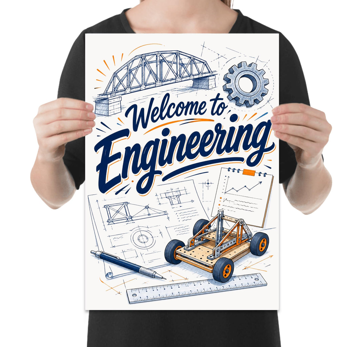 Welcome to Engineering poster with bridge, gear, design drawings, ruler, and vehicle prototype artwork held by a person for scale