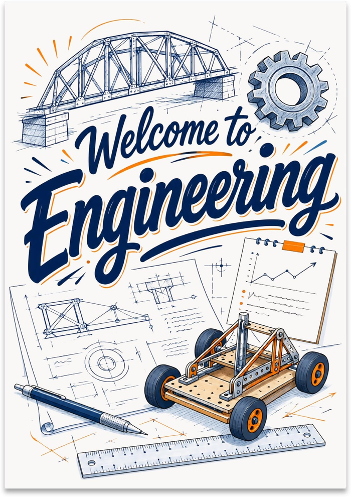 Welcome to Engineering poster with bridge, gear, design drawings, ruler, and vehicle prototype artwork