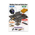 Welding Tools and Safety Gear poster with a workbench, helmet, gloves, ground clamp, electrode holder and cleaning tools