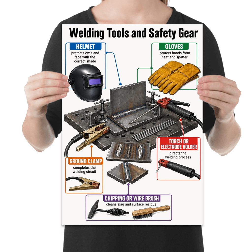 Welding Tools and Safety Gear poster with a workbench, helmet, gloves, ground clamp, electrode holder and cleaning tools, shown held for scale