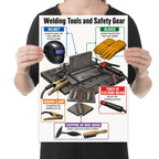 Welding Tools and Safety Gear poster with a workbench, helmet, gloves, ground clamp, electrode holder and cleaning tools, shown held for scale