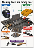 Welding Tools and Safety Gear poster with a workbench, helmet, gloves, ground clamp, electrode holder and cleaning tools