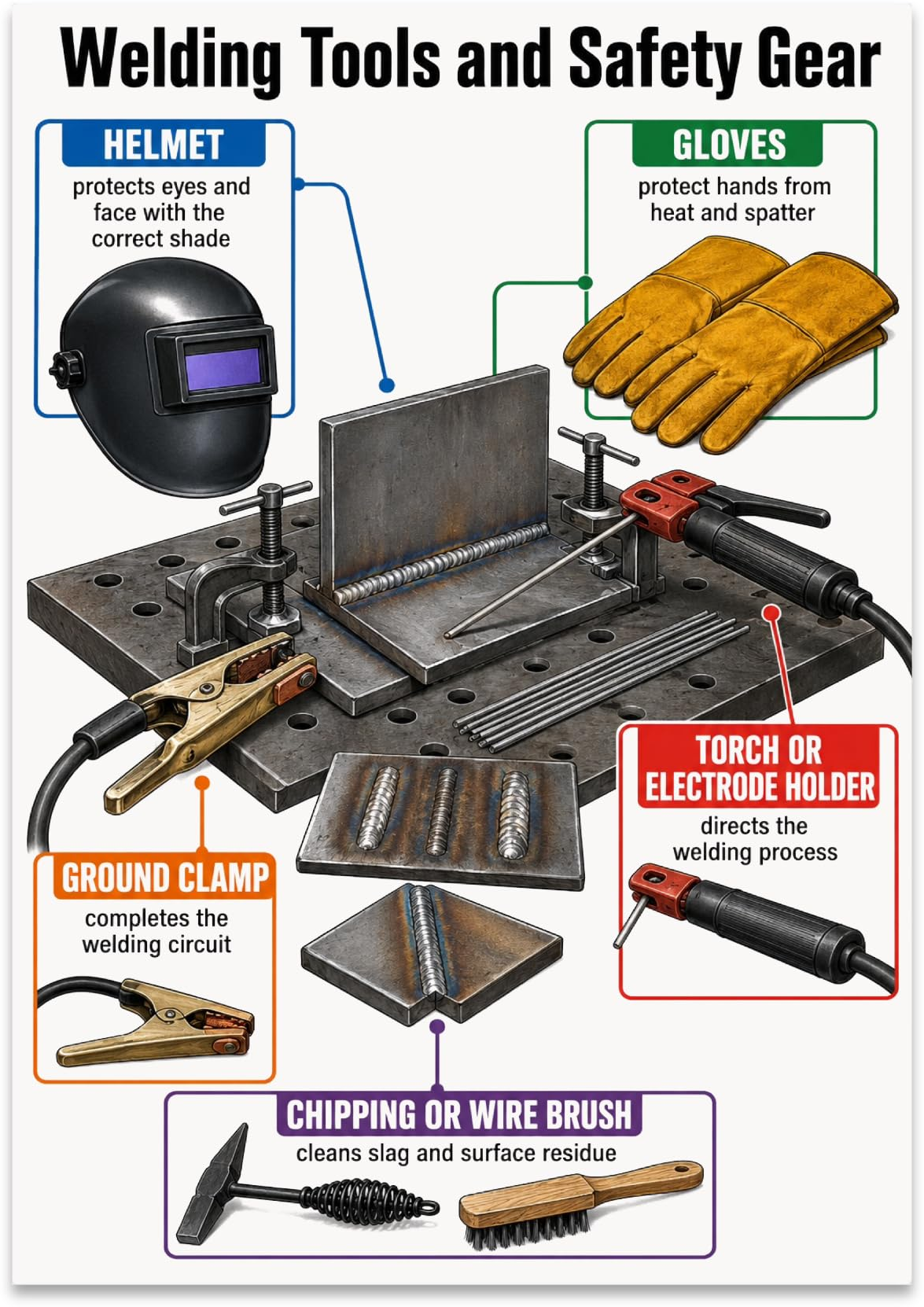 Welding Tools and Safety Gear poster with a workbench, helmet, gloves, ground clamp, electrode holder and cleaning tools