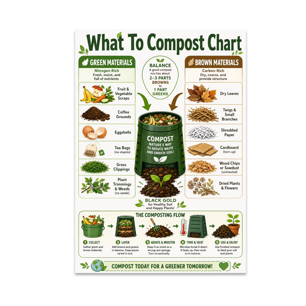 What To Compost Chart poster showing green and brown material categories around an illustrated compost bin