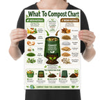 What To Compost Chart poster showing green and brown material categories around an illustrated compost bin, shown held for scale