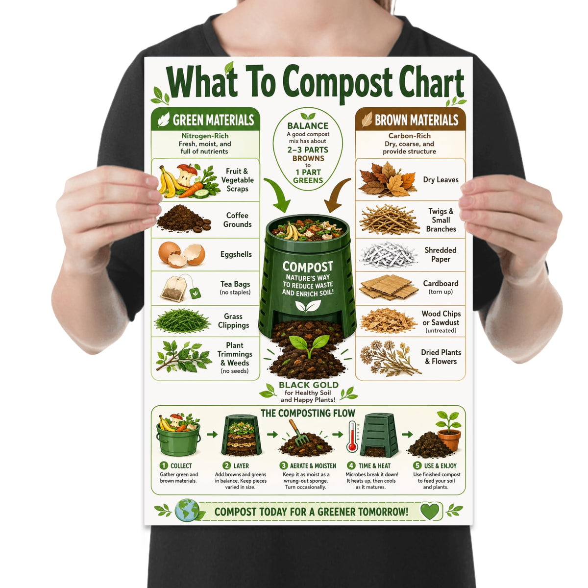 What To Compost Chart poster showing green and brown material categories around an illustrated compost bin, shown held for scale
