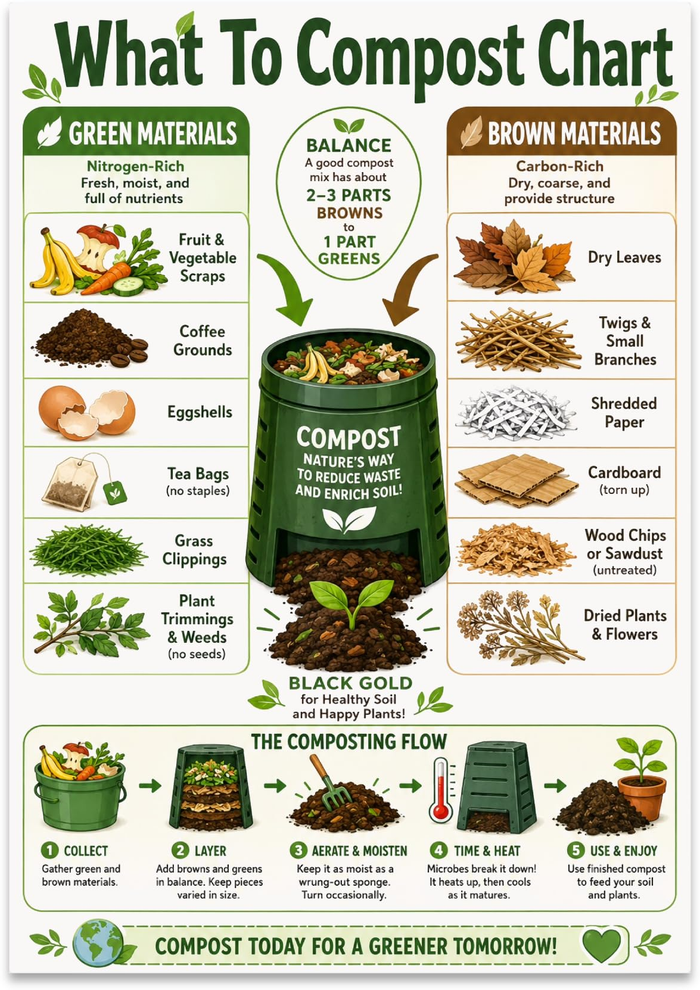 What To Compost Chart poster showing green and brown material categories around an illustrated compost bin