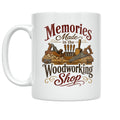 White woodworking coffee mug with vintage hand tools and Memories Made in the Woodworking Shop lettering