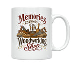 White woodworking coffee mug with vintage hand tools and Memories Made in the Woodworking Shop lettering shown on the opposite side of the mug