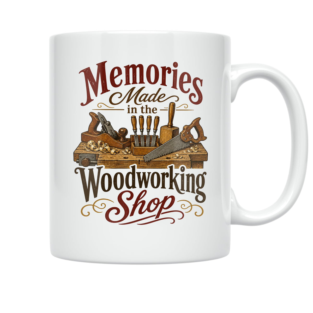 White woodworking coffee mug with vintage hand tools and Memories Made in the Woodworking Shop lettering shown on the opposite side of the mug