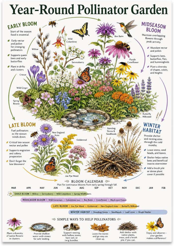 Year-Round Pollinator Garden poster with flowers, bees, butterflies, seasonal bloom notes and a calendar strip
